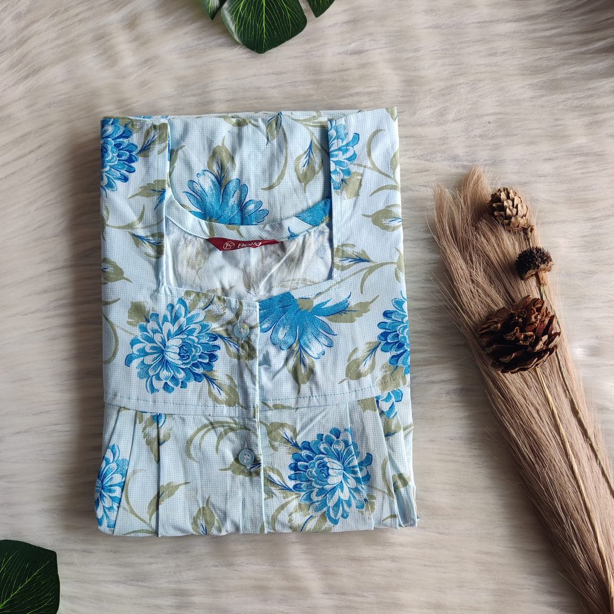Blue Floral Printed Pure Cotton Full Open Labour Room Nighty | Free Size | Chest Width 44"| Length 54"-56"