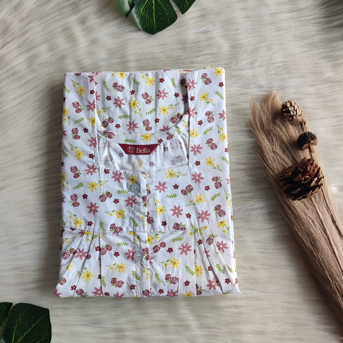 Mauve And Yellow Floral Printed White Pure Cotton Plus Size Full Open Labour Room Nighty | Free Size | Chest Width 44"| Length 54"-56"