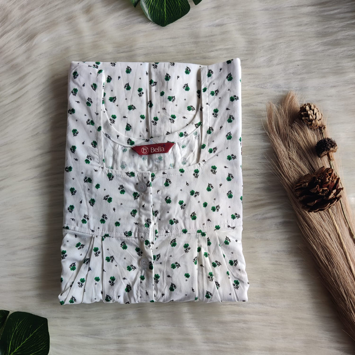 Green Floral Printed White Pure Cotton Full Open Labour Room Nighty | Free Size | Chest Width 44"| Length 54"-56"