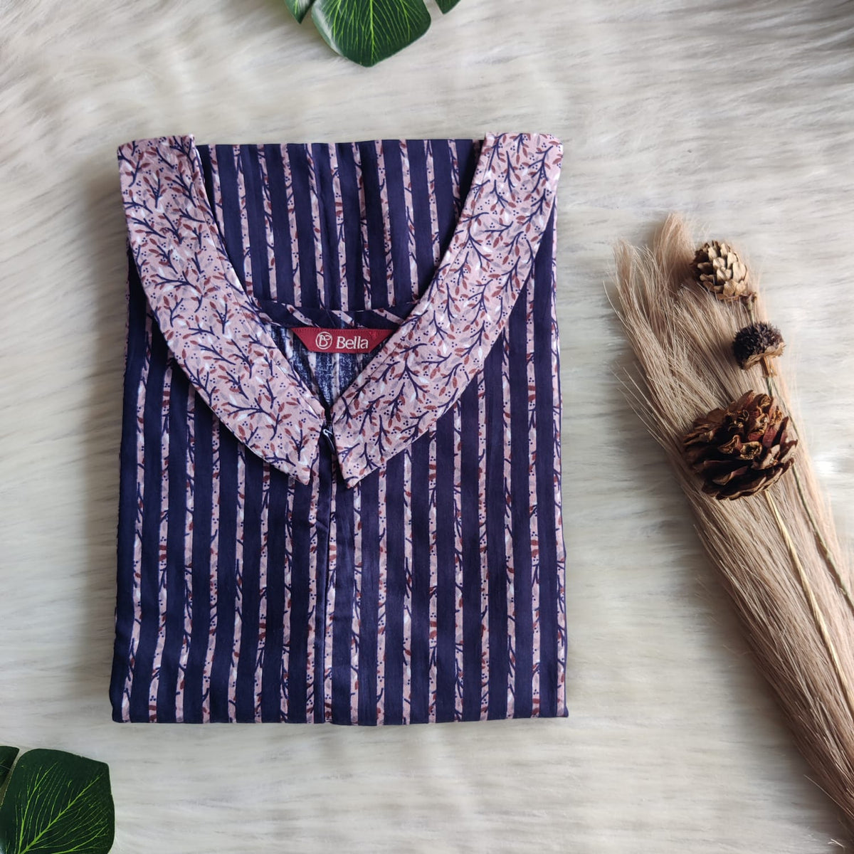 Mauve And Navy Blue Stripe Printed Premium Cotton Peter Pan Collar Long Zip Feeding Nighty | Free Size | Chest Width 44″| Length 56″