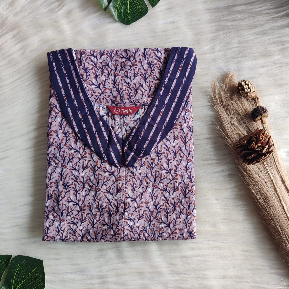 Navy Blue And Mauve Printed Premium Cotton Peter Pan Collar Long Zip Feeding Nighty | Free Size | Chest Width 44″| Length 56″