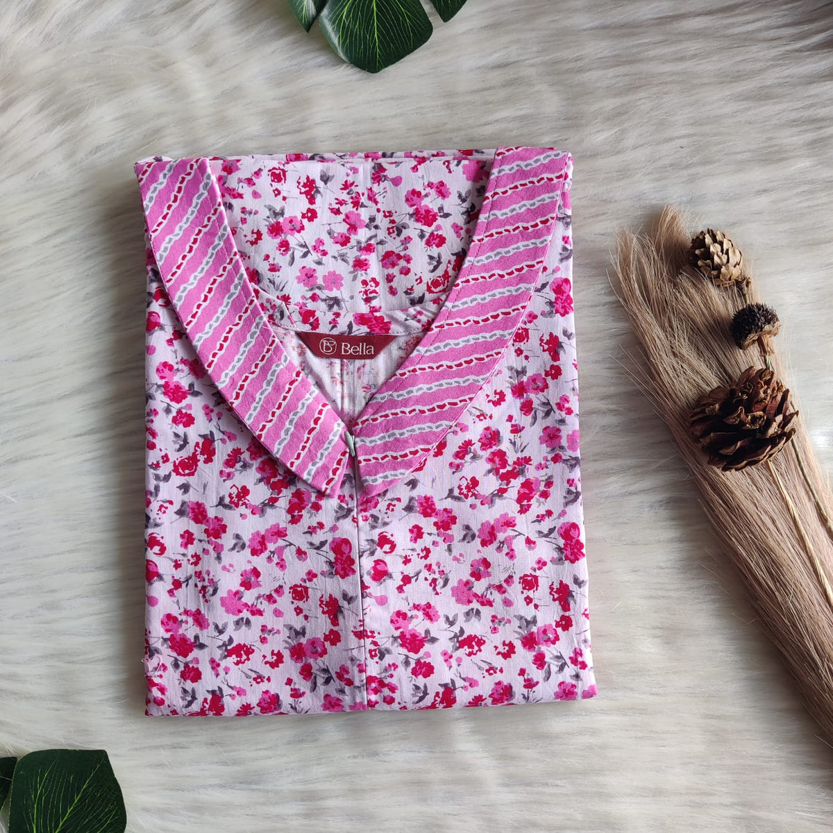 Pink And White Floral Printed Premium Cotton Peter Pan Collar Long Zip Feeding Nighty | Free Size | Chest Width 44″| Length 56″