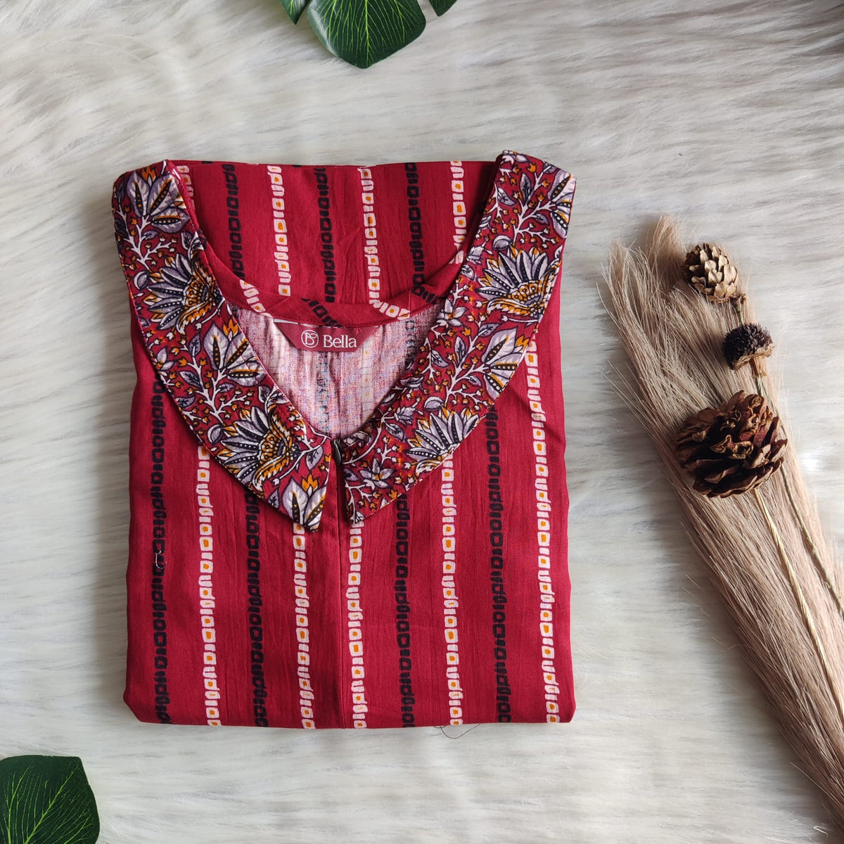 Grey And Maroon Printed Premium Cotton Peter Pan Collar Long Zip Feeding Nighty | Free Size | Chest Width 44″| Length 56″