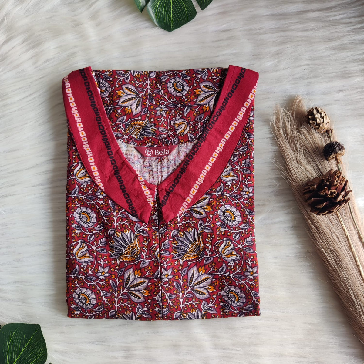 Maroon And Grey Floral Printed Premium Cotton Peter Pan Collar Long Zip Feeding Nighty | Free Size | Chest Width 44″| Length 56″