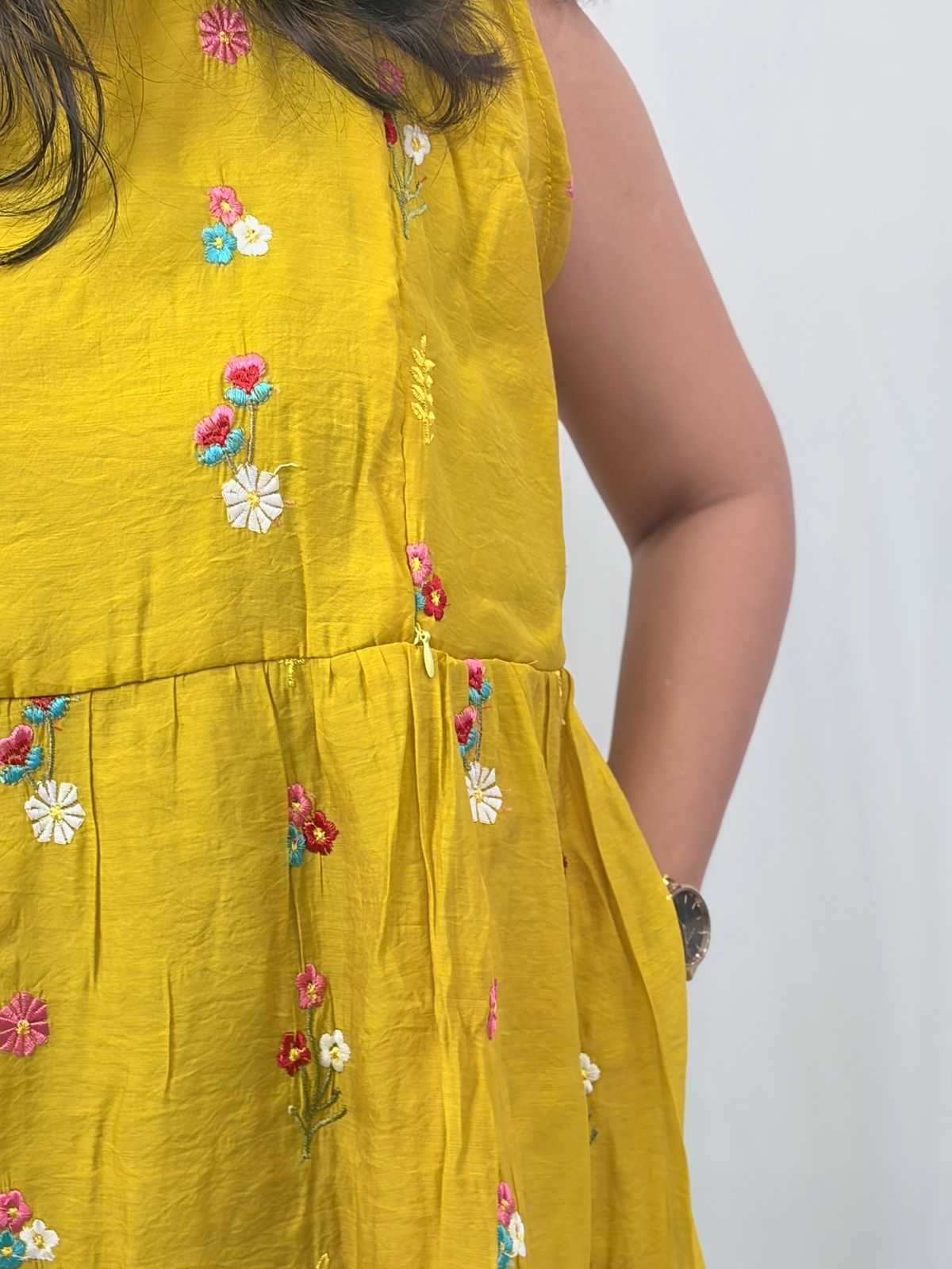 Yellow Floral Embroidered Mul Chanderi Sleeveless Feeding Kurti With Two Side Invisible Zip | Free Size | 46" length