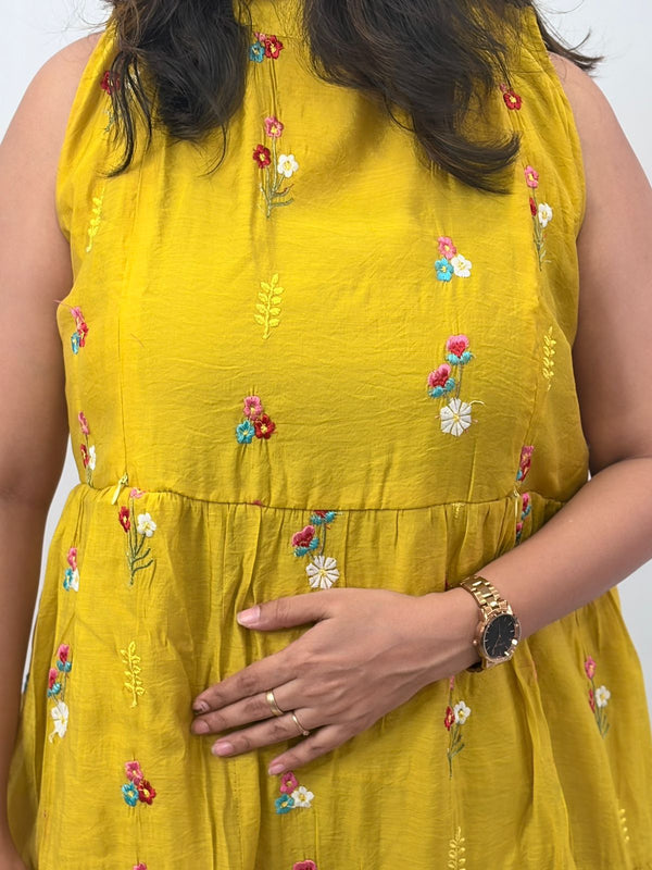 Yellow Floral Embroidered Mul Chanderi Sleeveless Feeding Kurti With Two Side Invisible Zip | Free Size | 46" length