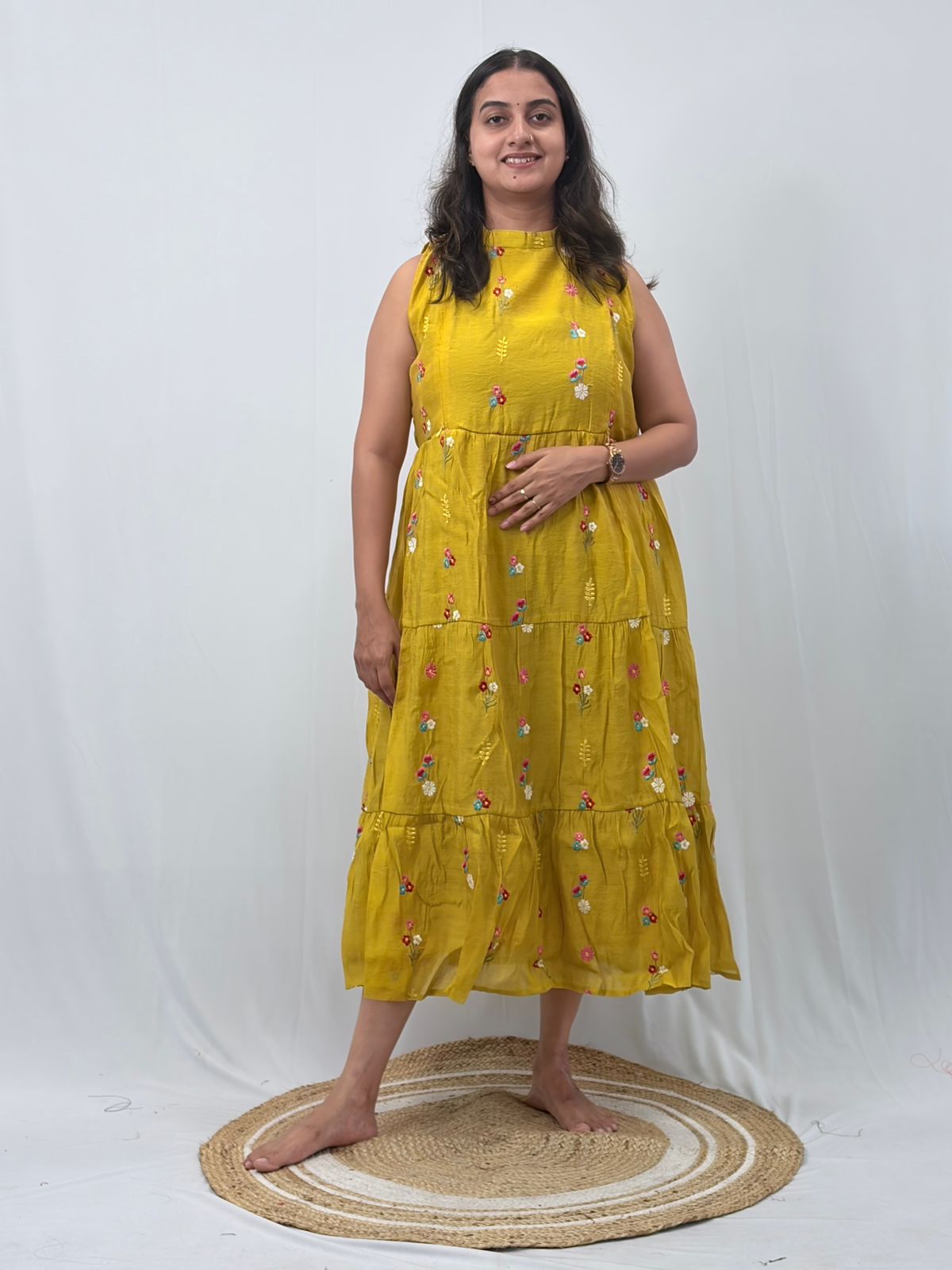 Yellow Floral Embroidered Mul Chanderi Sleeveless Feeding Kurti With Two Side Invisible Zip | Free Size | 46" length