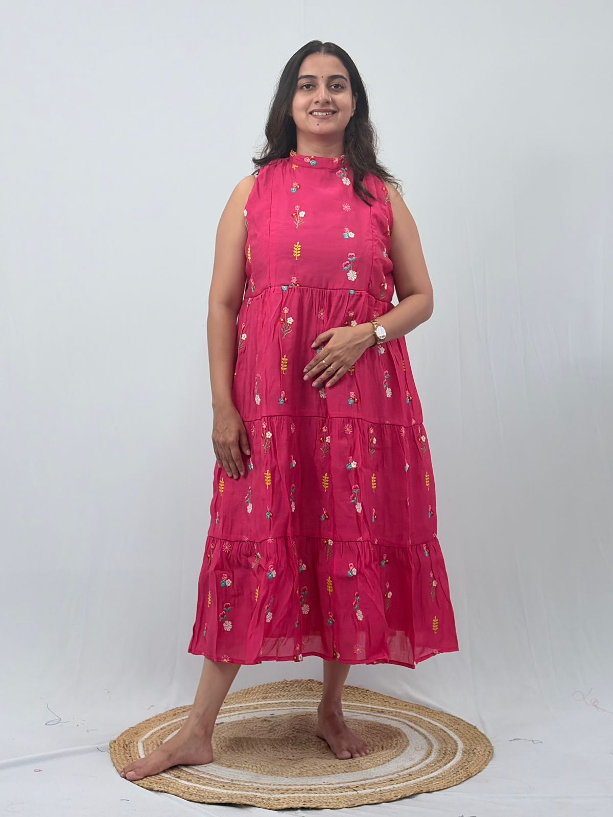 Pink Floral Embroidered Mul Chanderi Sleeveless Feeding Kurti With Two Side Invisible Zip | Free Size | 46" length