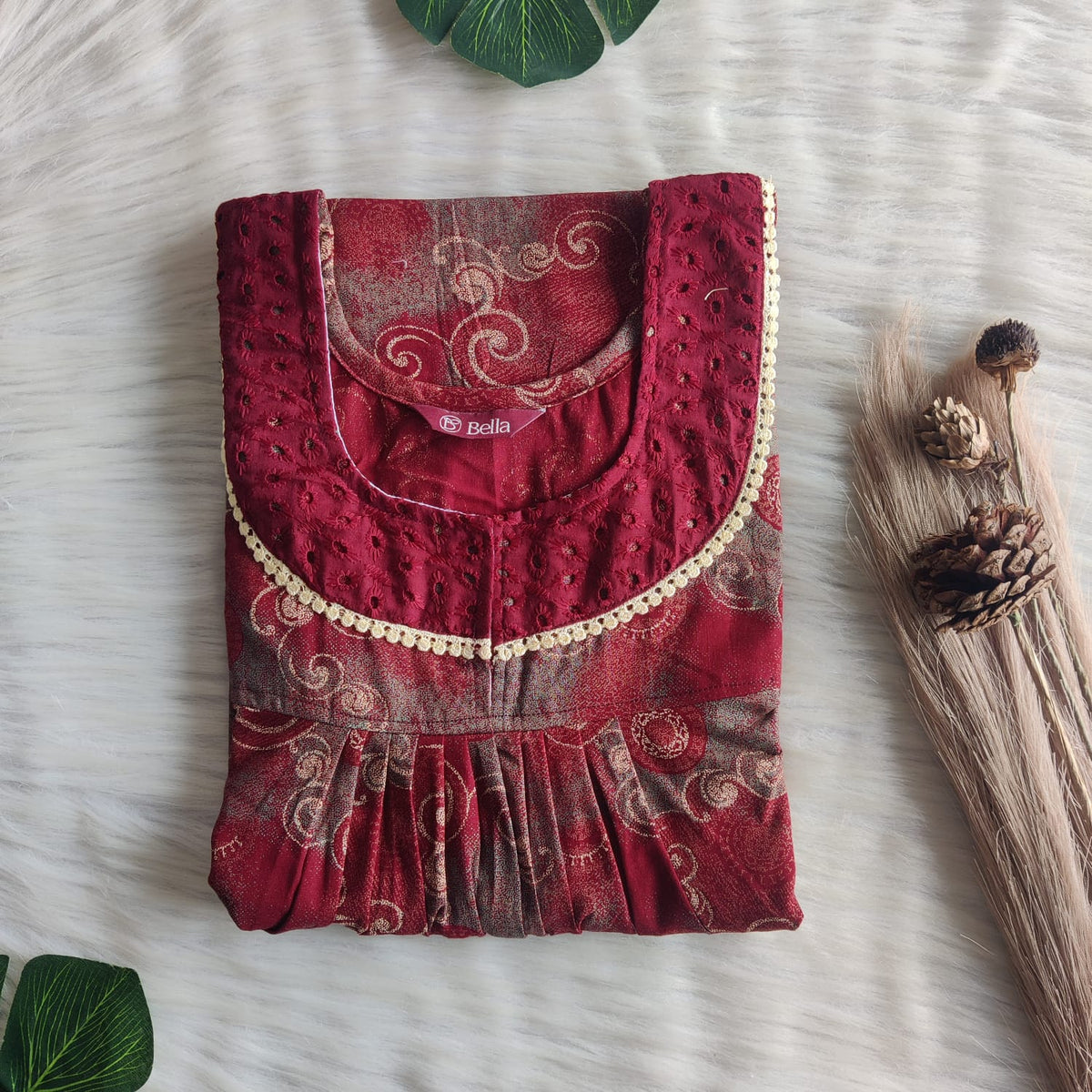 Olive Green Printed Maroon Discharge Cotton Hakoba Lace Nighty | Free Size | Chest Width 44″| Length 54″-56″