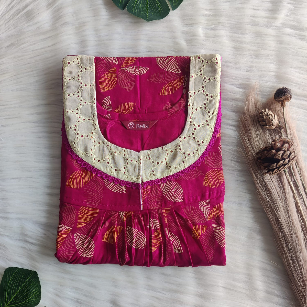Rani Pink Leaf Printed Discharge Cotton Hakoba Lace Nighty | Free Size | Chest Width 44″| Length 54″-56″