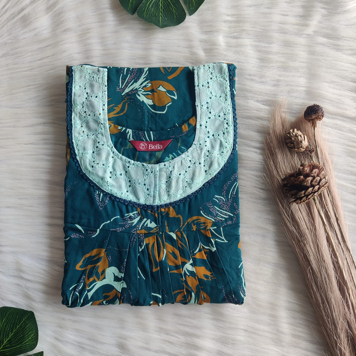 Brown Printed Teal Green Discharge Cotton Hakoba Lace Nighty | Free Size | Chest Width 44″| Length 54″-56″