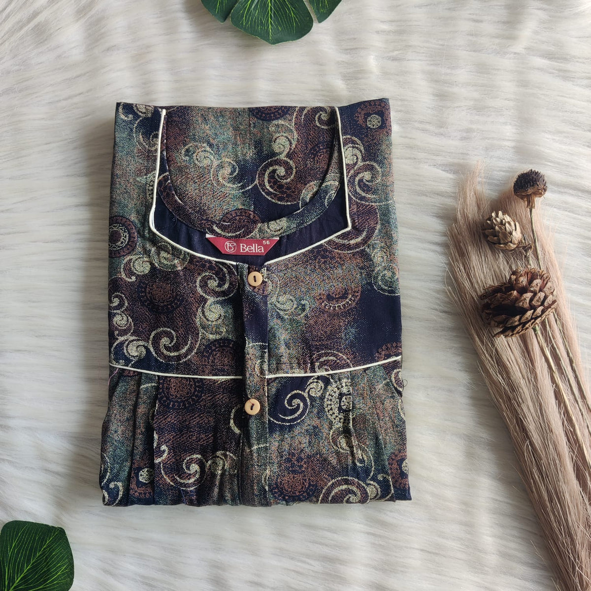 Cream Printed Navy Blue Discharge Cotton Button Zip Nighty | Free Size | Chest Width 44″| Length 55″-56″