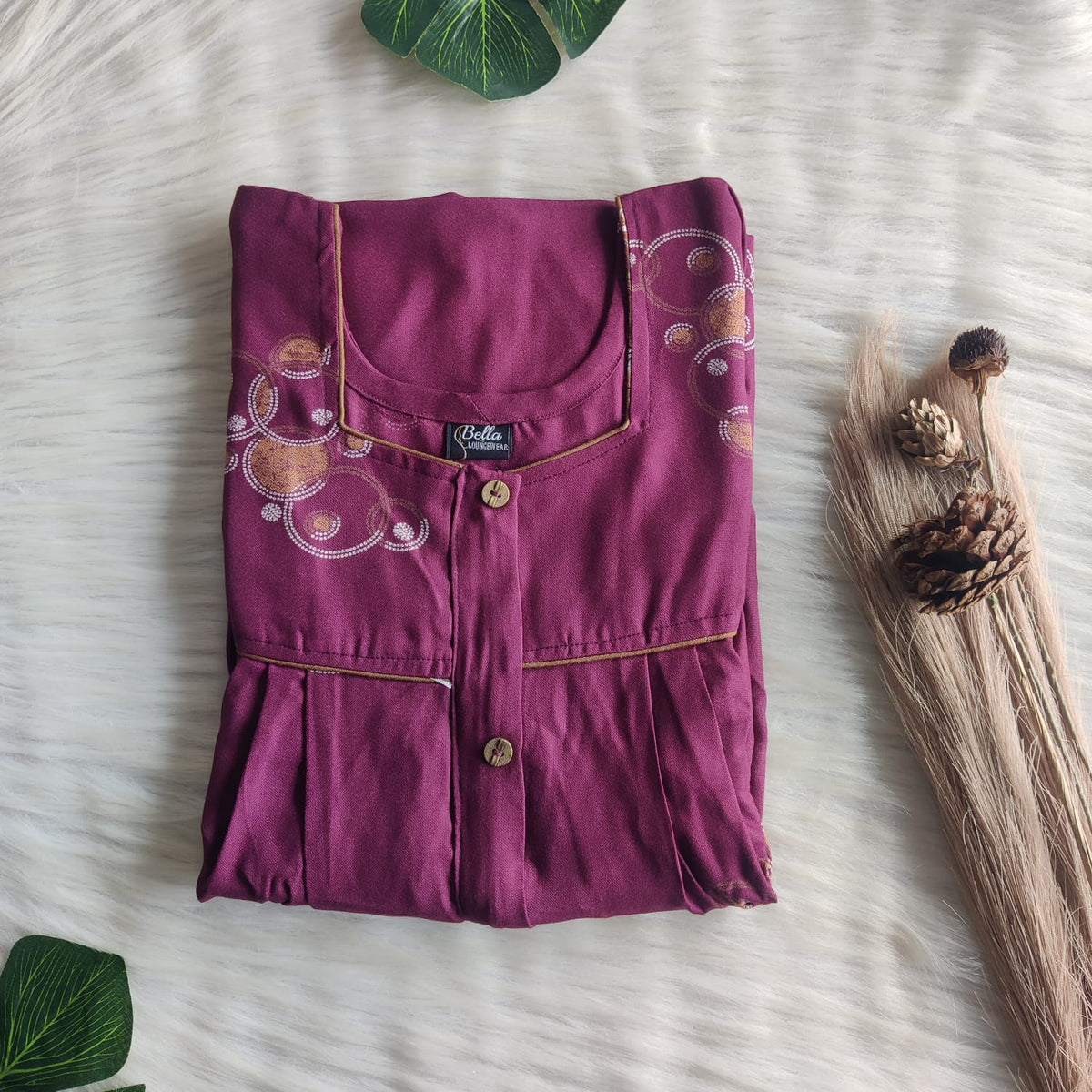 Mauve Printed Alfine Button Zip Nighty | Free Size | Chest Width 44″| Length 54″-56″