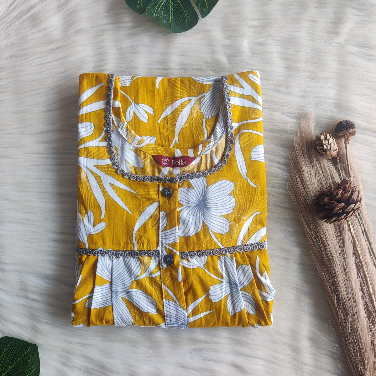 White Floral Printed Mustard Yellow Premium Cotton Lace Button Nighty | Free Size | Chest Width 44"| Length 54"-56"