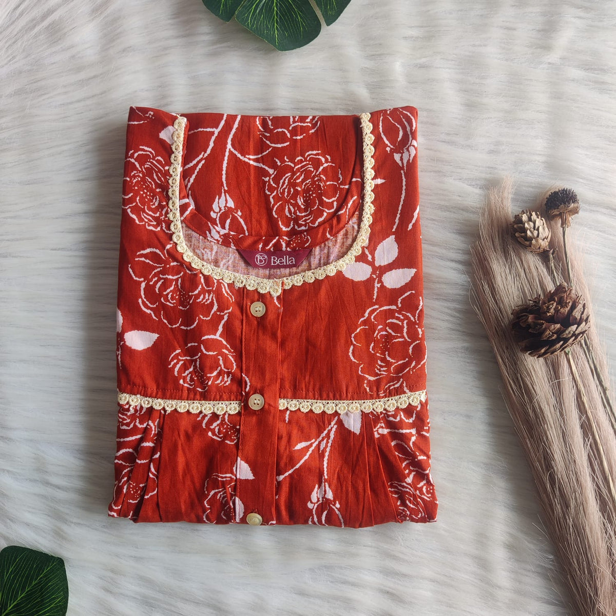 Rust Brown Printed Premium Cotton Lace Button Nighty | Free Size | Chest Width 44"| Length 54"-56"