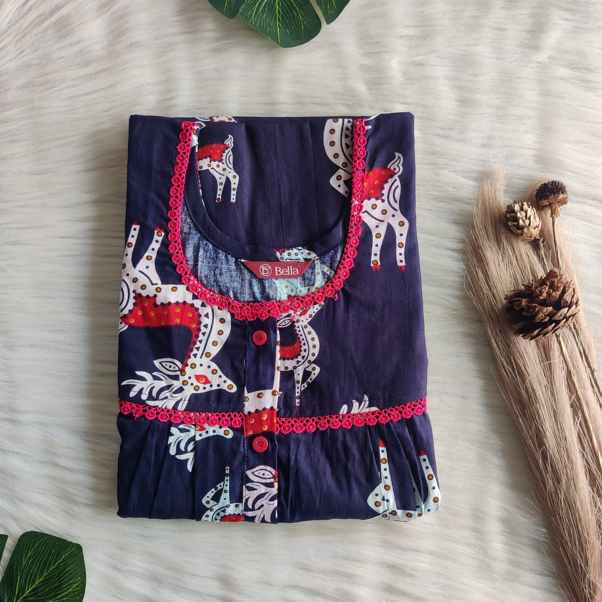 Navy Blue Stag Printed Premium Cotton Lace Button Nighty | Free Size | Chest Width 44"| Length 54"-56"