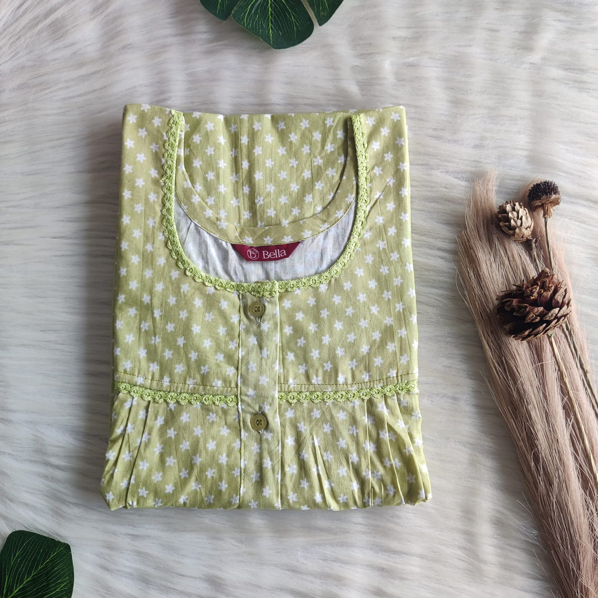 Pastel Green Printed Premium Cotton Lace Button Nighty | Free Size | Chest Width 44"| Length 54"-56"