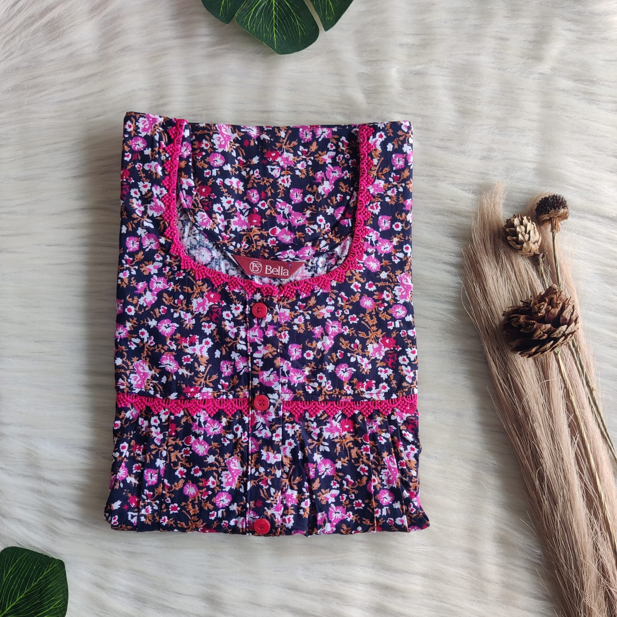 Pink Floral Printed Navy Blue Premium Cotton Lace Button Nighty | Free Size | Chest Width 44"| Length 54"-56"