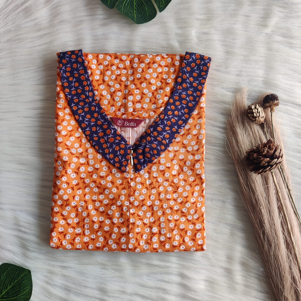 Navy Blue And Orange Printed Premium Cotton Peter Pan Collar Long Zip Feeding Nighty | Free Size | Chest Width 44″| Length 56″