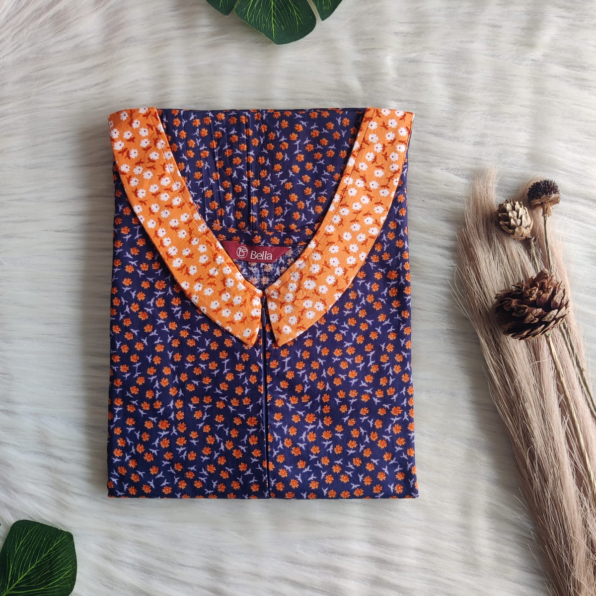 Orange And Navy Blue Printed Premium Cotton Peter Pan Collar Long Zip Feeding Nighty | Free Size | Chest Width 44″| Length 56″