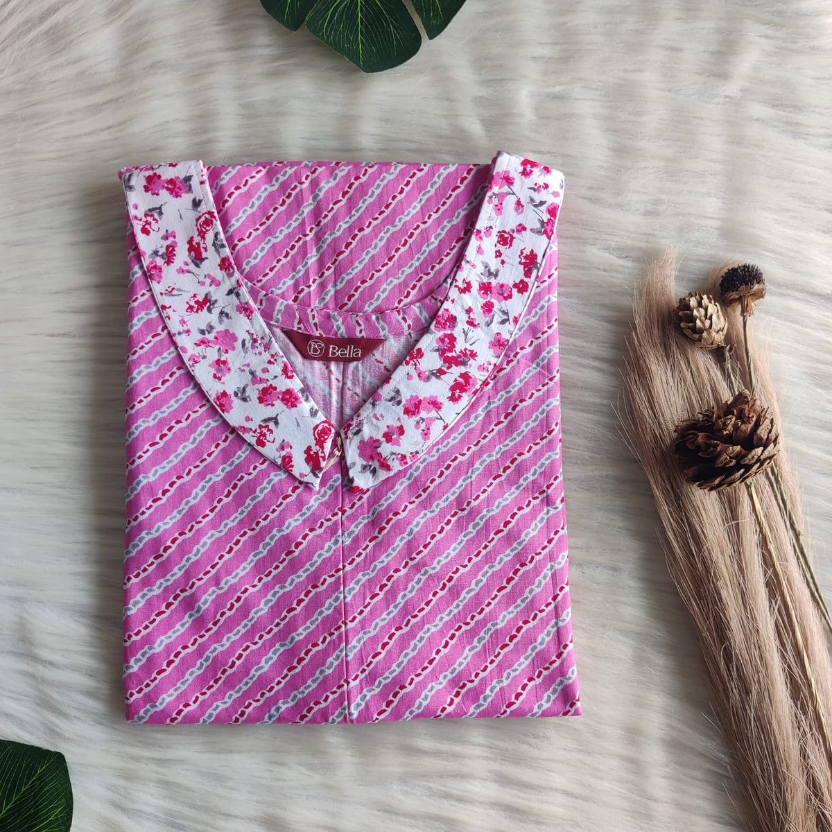 White And Pink Printed Premium Cotton Peter Pan Collar Long Zip Feeding Nighty | Free Size | Chest Width 44″| Length 56″