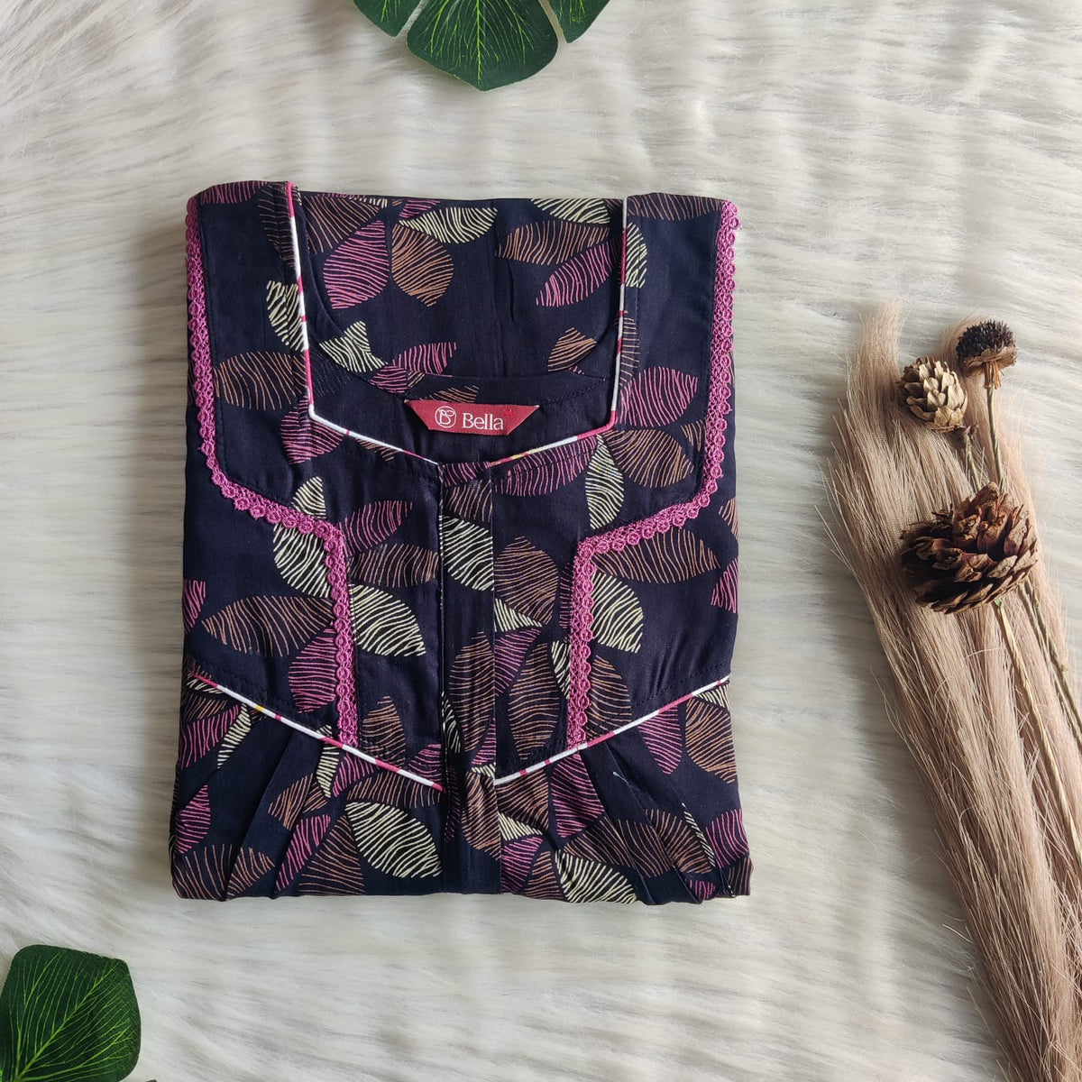 Cream Leaf Printed Navy Blue Discharge Cotton Long Zip Lace Feeding Nighty | Free Size | Chest Width 44″| Length 56″