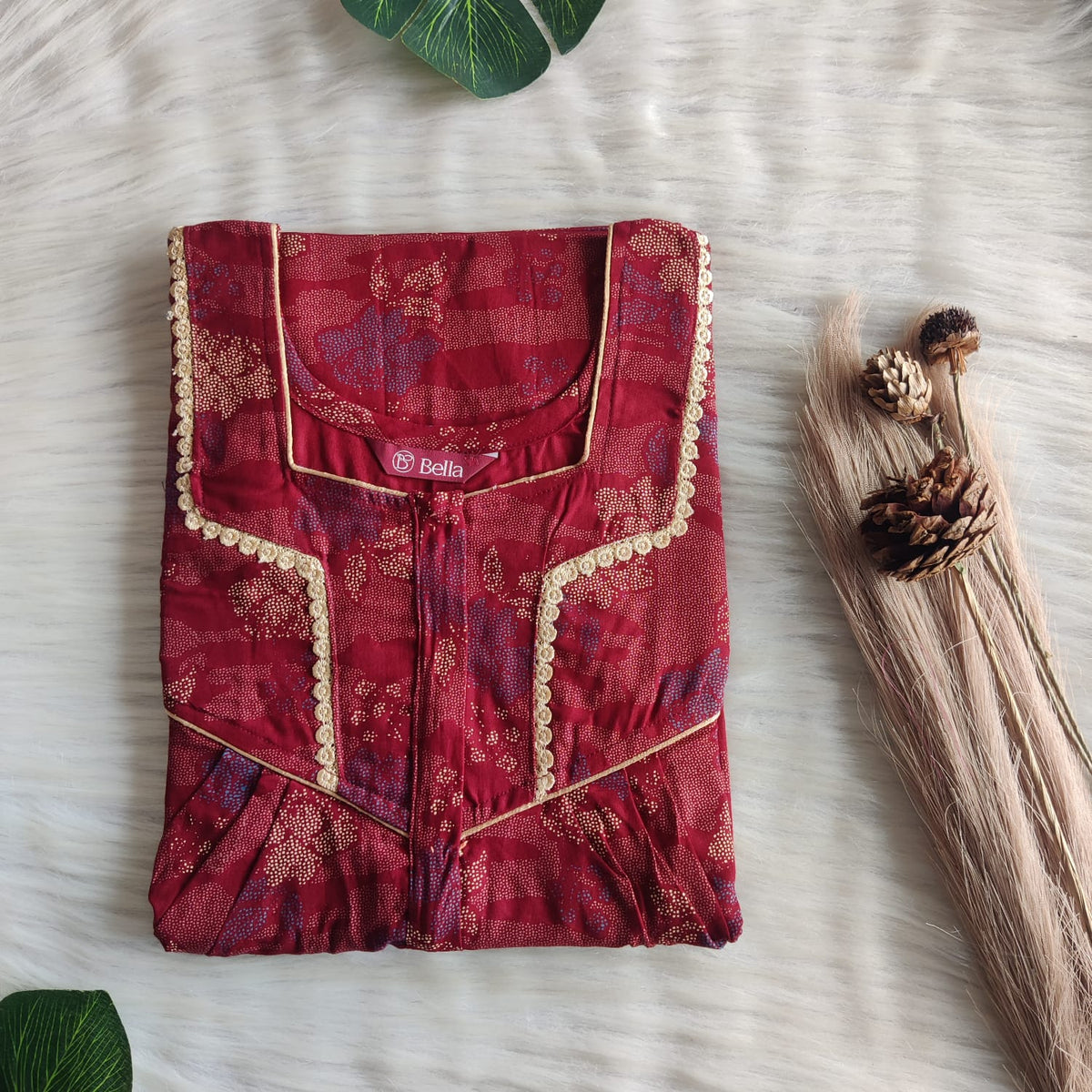 Cream Printed Maroon Discharge Cotton Long Zip Lace Feeding Nighty | Free Size | Chest Width 44″| Length 56″
