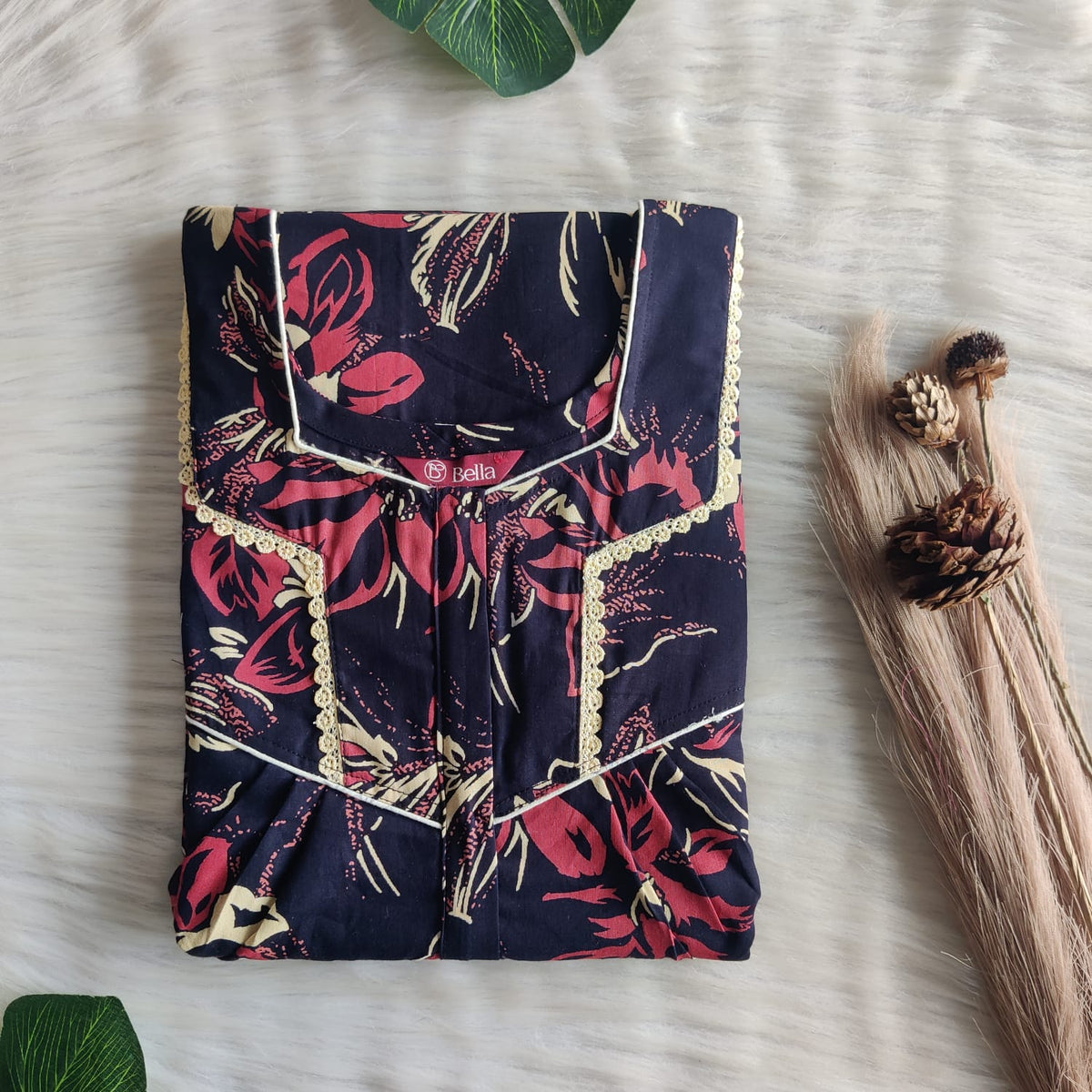 Red Floral Printed Navy Blue Discharge Cotton Long Zip Lace Feeding Nighty | Free Size | Chest Width 44″| Length 56″