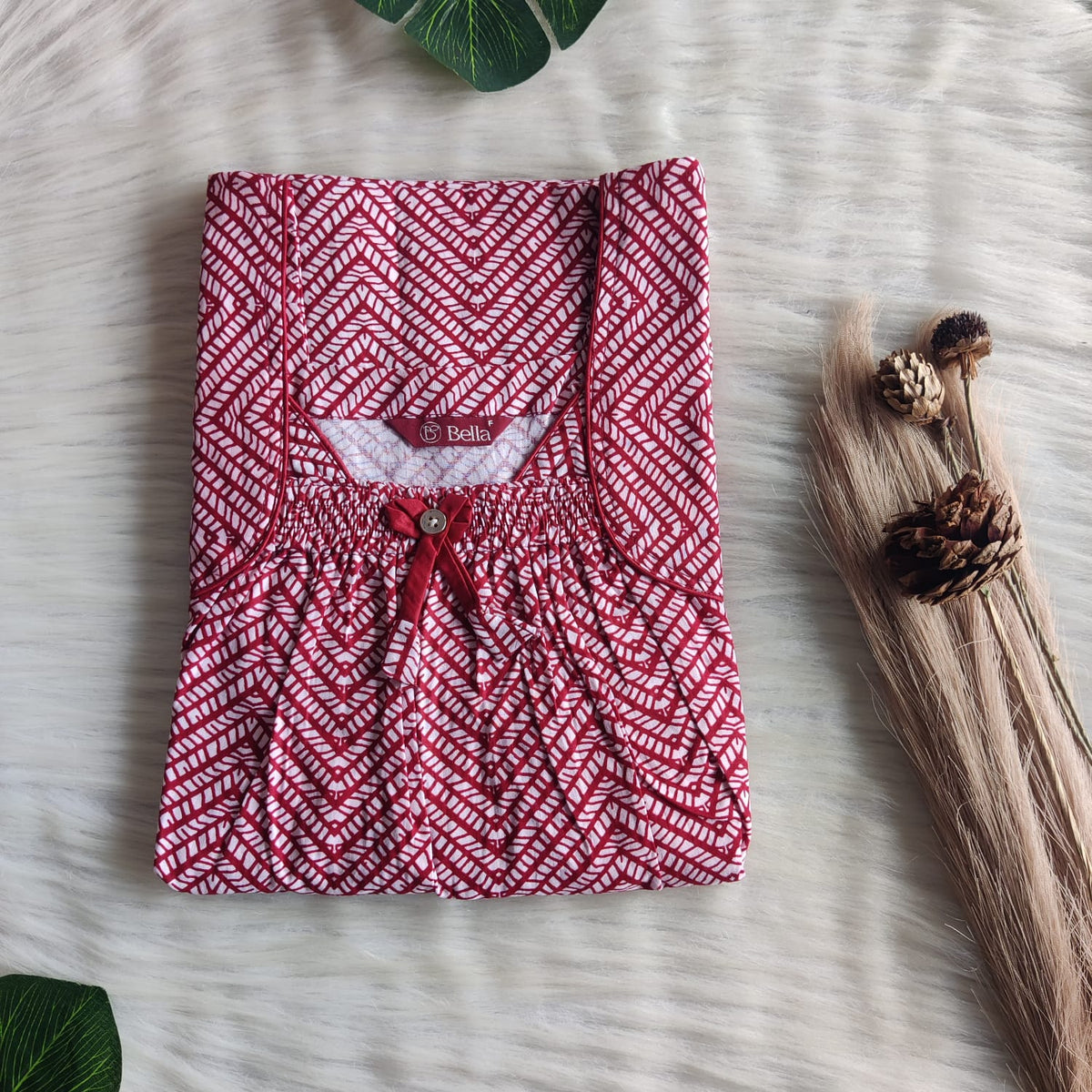 White Printed Maroon Printed Premium Cotton Front Elastic Pleated Nighty | Free Size | Chest Width 44″| Length 56″