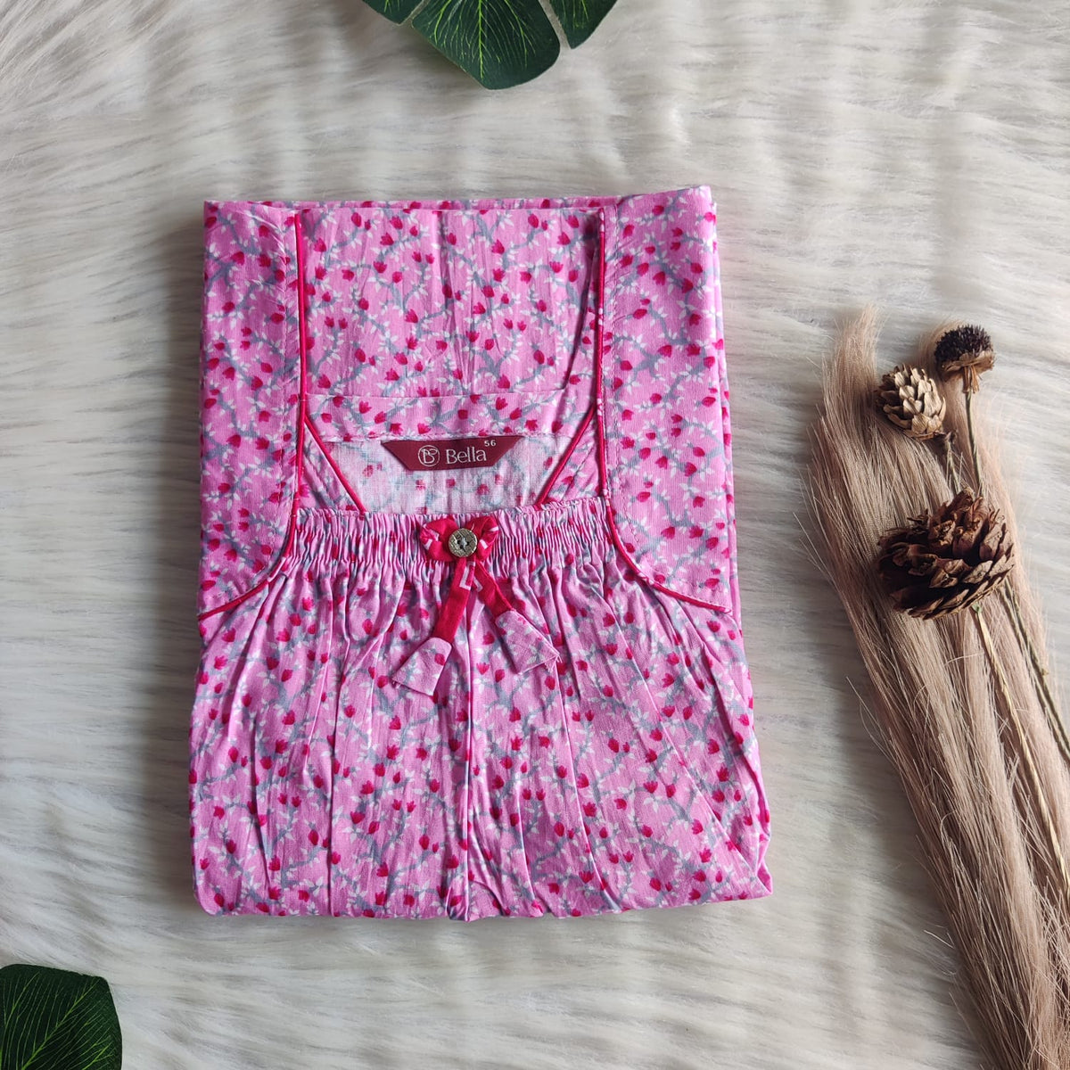 Pink Floral Premium Cotton Front Elastic Pleated Nighty | Free Size | Chest Width 44″| Length 56″