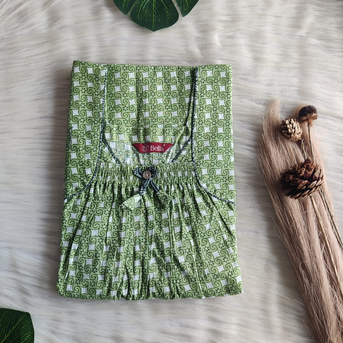 Green Check Printed Premium Cotton Front Elastic Pleated Nighty | Free Size | Chest Width 44″| Length 56″