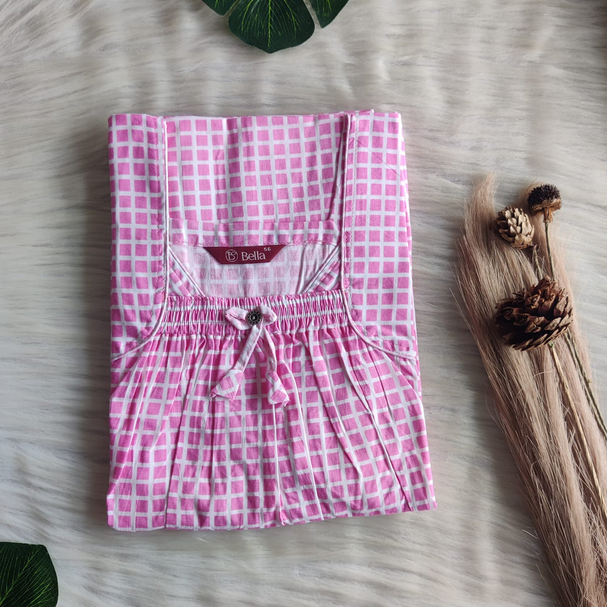 Pink Check Printed Premium Cotton Front Elastic Pleated Nighty | Free Size | Chest Width 44″| Length 56″