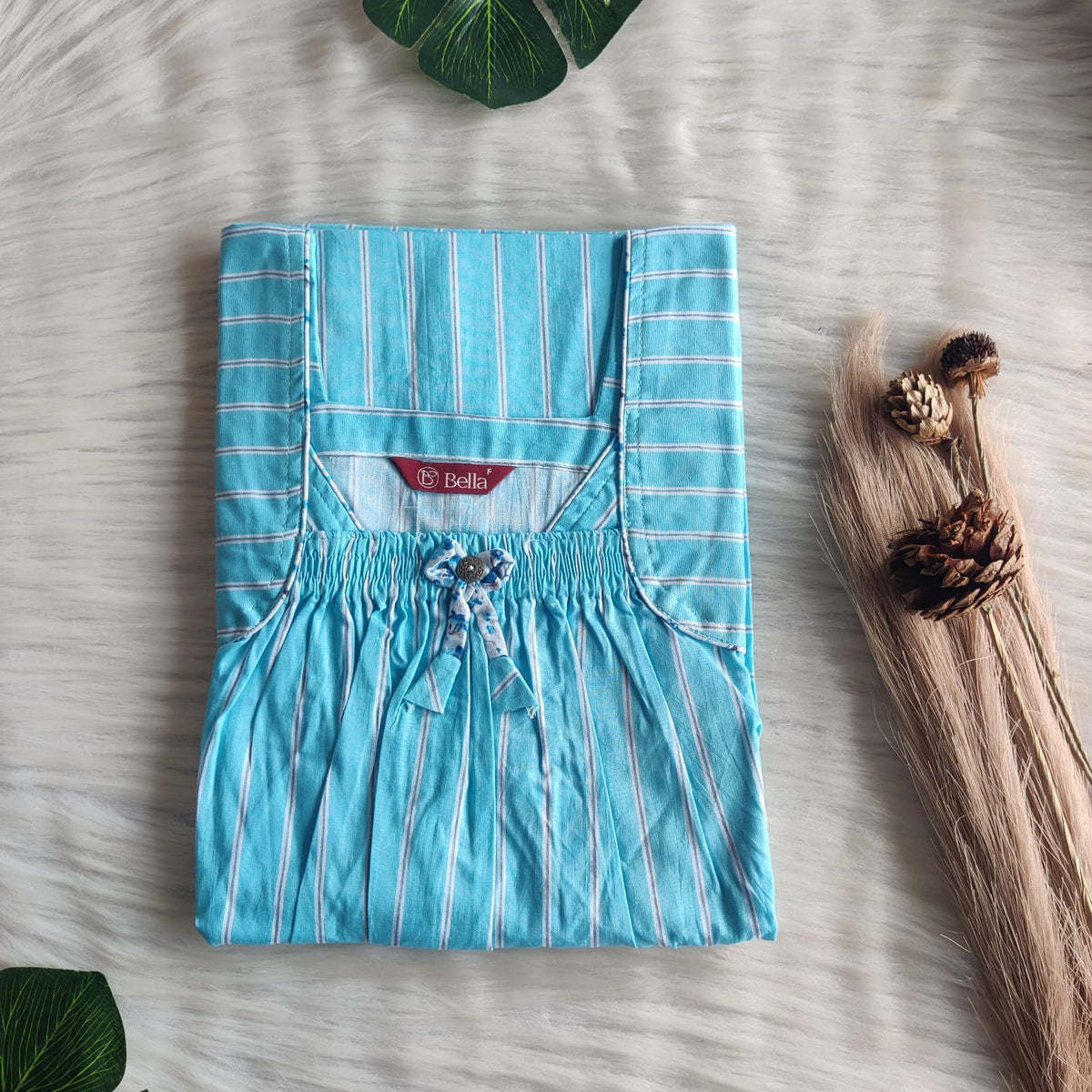 Blue Stripe Printed Premium Cotton Front Elastic Pleated Nighty | Free Size | Chest Width 44″| Length 56″
