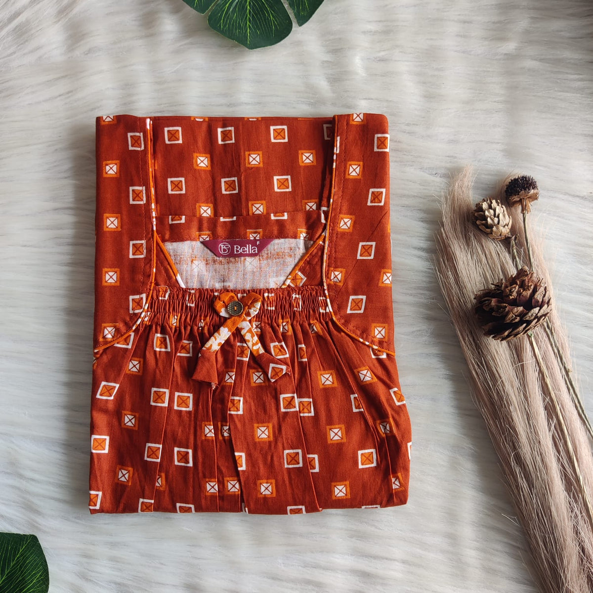 Rust Orange Printed Premium Cotton Front Elastic Pleated Nighty | Free Size | Chest Width 44″| Length 56″