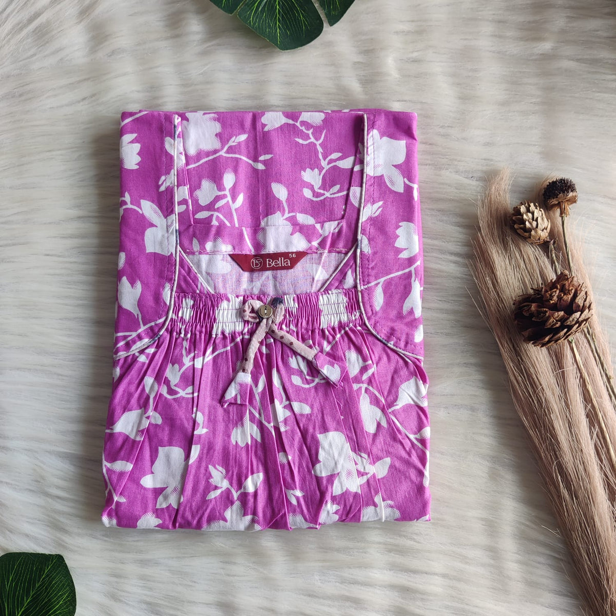 White Floral Printed Pink Premium Cotton Front Elastic Pleated Nighty | Free Size | Chest Width 44″| Length 56″