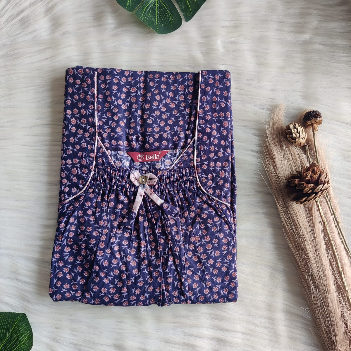Navy Blue Floral Printed Premium Cotton Front Elastic Pleated Nighty | Free Size | Chest Width 44″| Length 56″