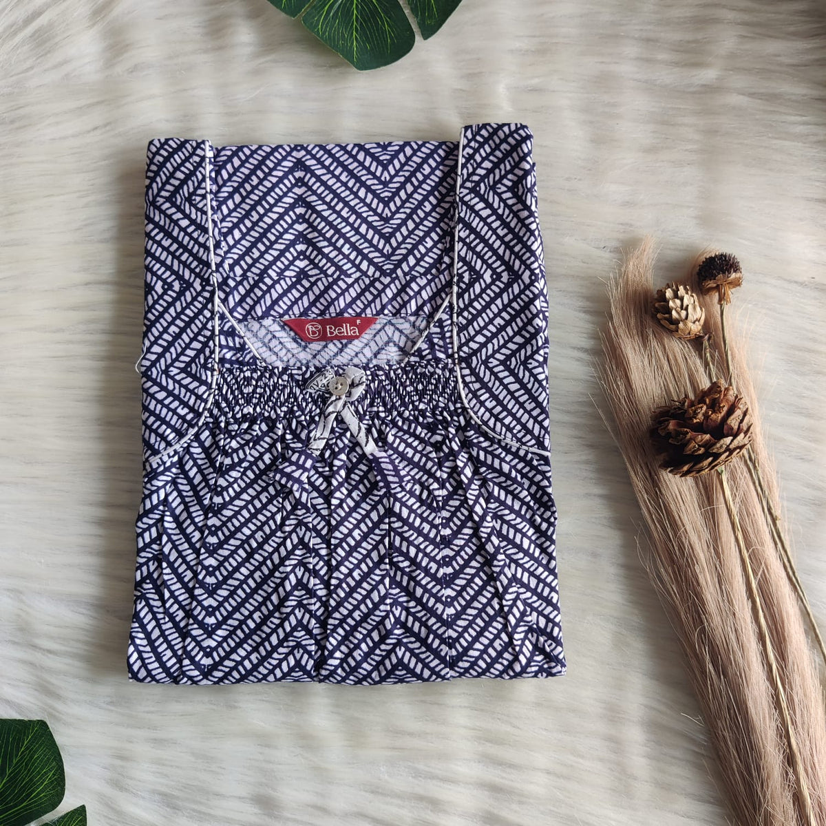 Navy Blue And White Zig Zag Printed Premium Cotton Front Elastic Pleated Nighty | Free Size | Chest Width 44″| Length 56″