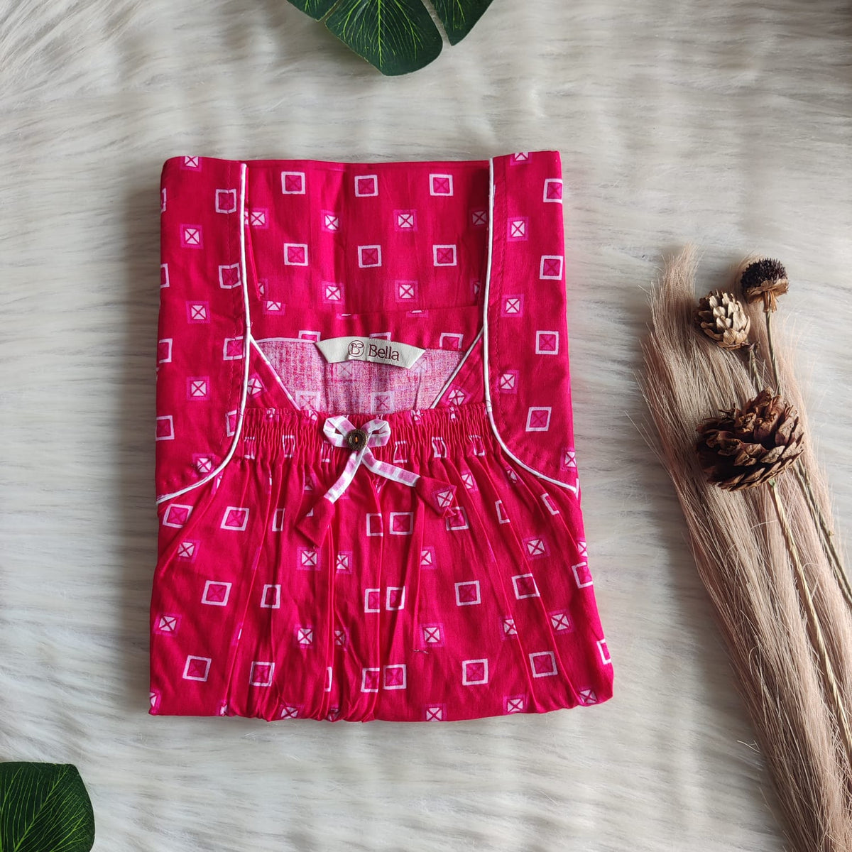 Dark Pink Printed Premium Cotton Front Elastic Pleated Nighty | Free Size | Chest Width 44″| Length 56″