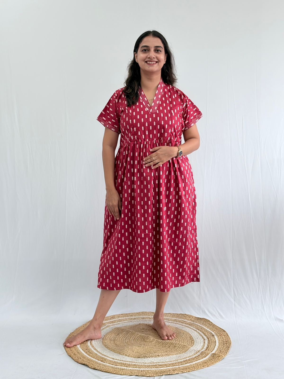 Maroon Printed Premium Cotton V Collar Neck Short Maternity Gown | Free Size |