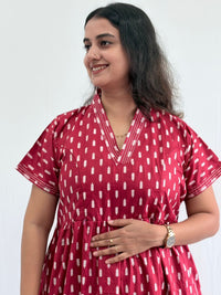 Maroon Printed Premium Cotton V Collar Neck Short Maternity Gown | Free Size |
