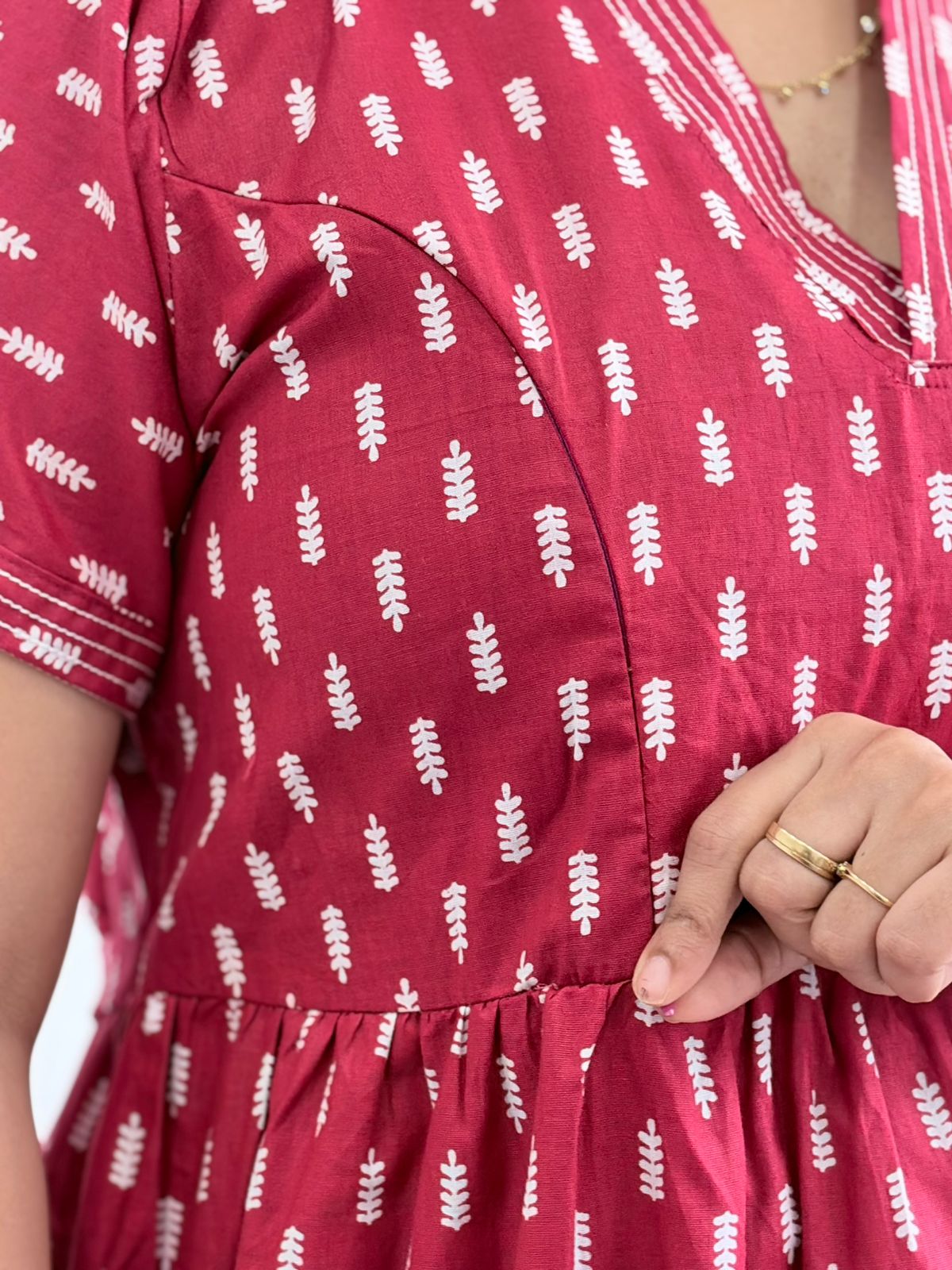 Maroon Printed Premium Cotton V Collar Neck Short Maternity Gown | Free Size |