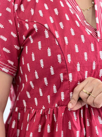 Maroon Printed Premium Cotton V Collar Neck Short Maternity Gown | Free Size |