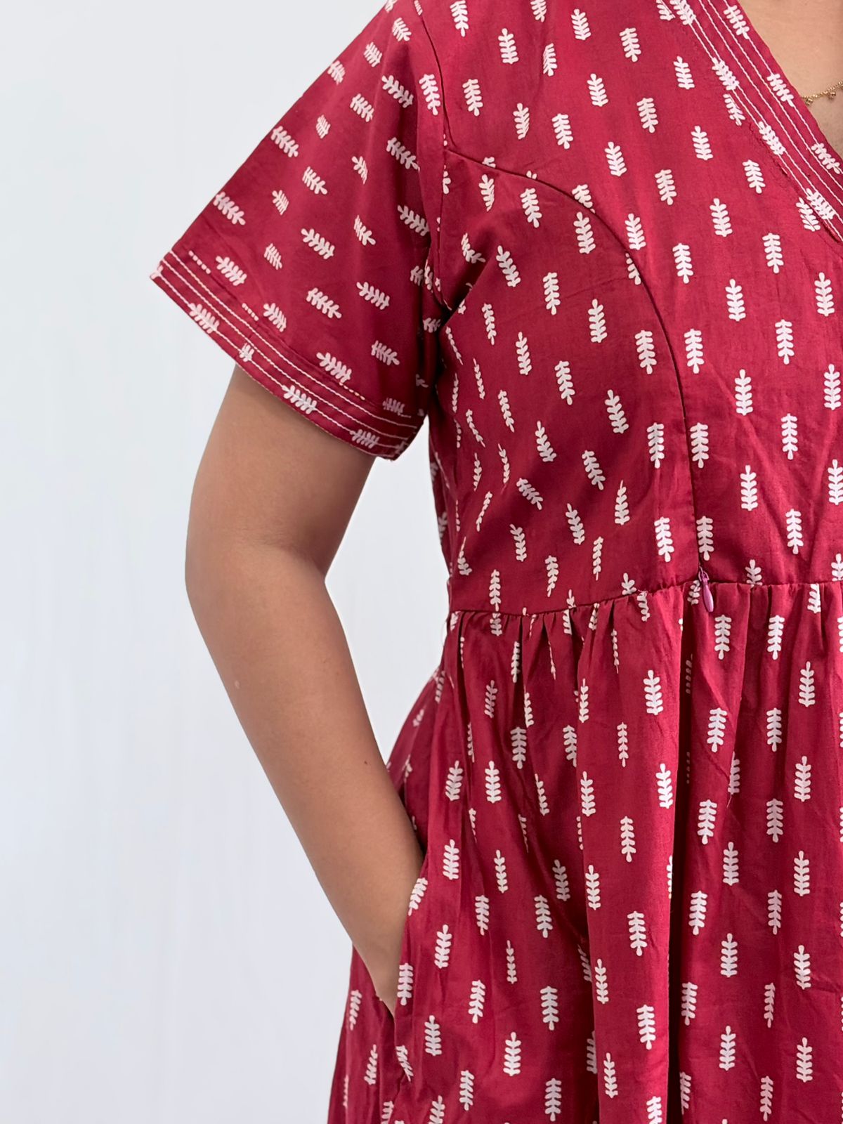 Maroon Printed Premium Cotton V Collar Neck Short Maternity Gown | Free Size |