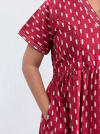 Maroon Printed Premium Cotton V Collar Neck Short Maternity Gown | Free Size |