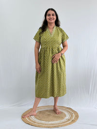 Olive Green Printed Premium Cotton V Collar Neck Short Maternity Gown | Free Size |