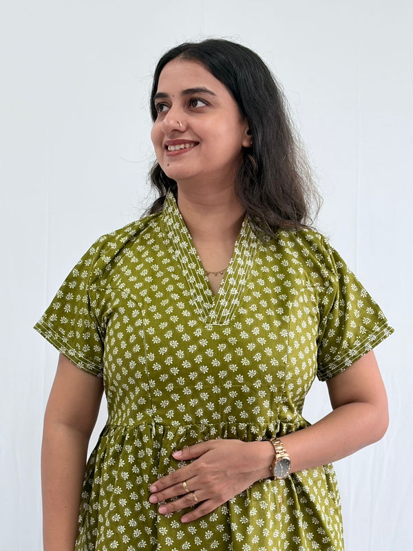 Olive Green Printed Premium Cotton V Collar Neck Short Maternity Gown | Free Size |