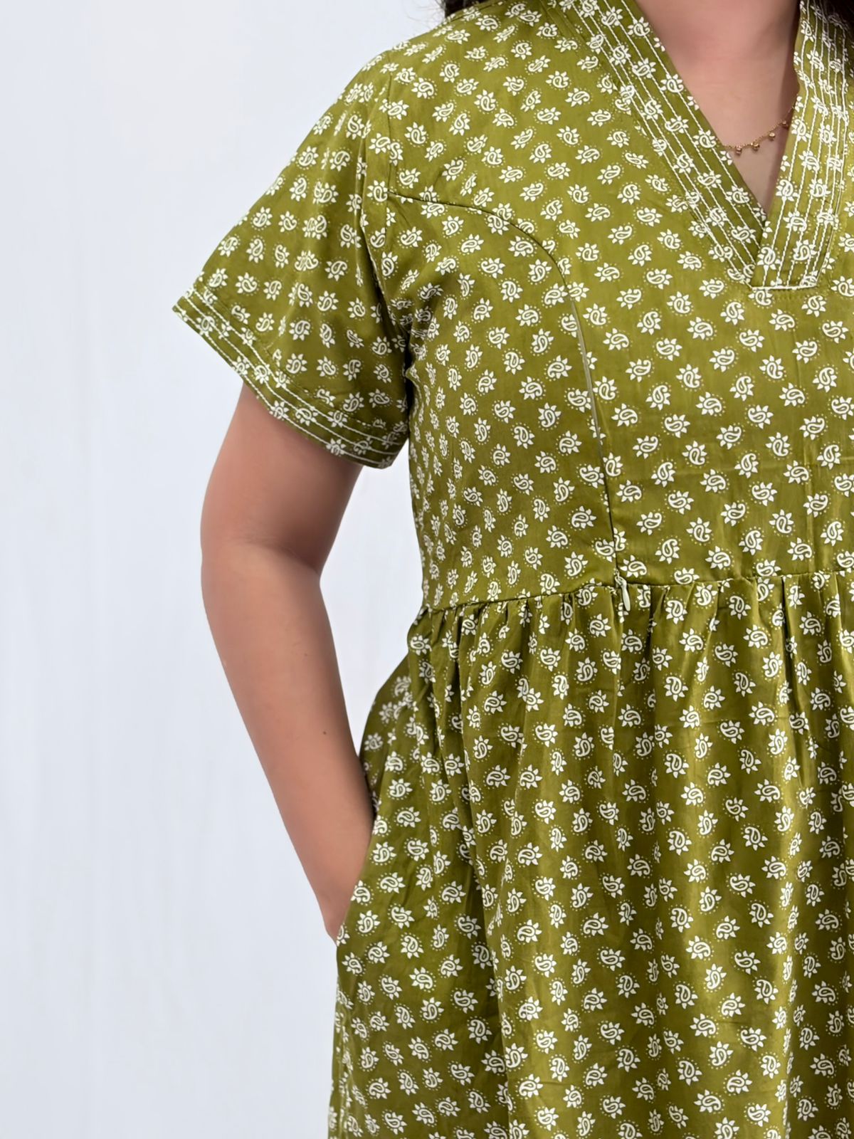 Olive Green Printed Premium Cotton V Collar Neck Short Maternity Gown | Free Size |