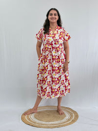 Red And White Floral Printed Premium Cotton V Collar Neck Short Maternity Gown | Free Size |