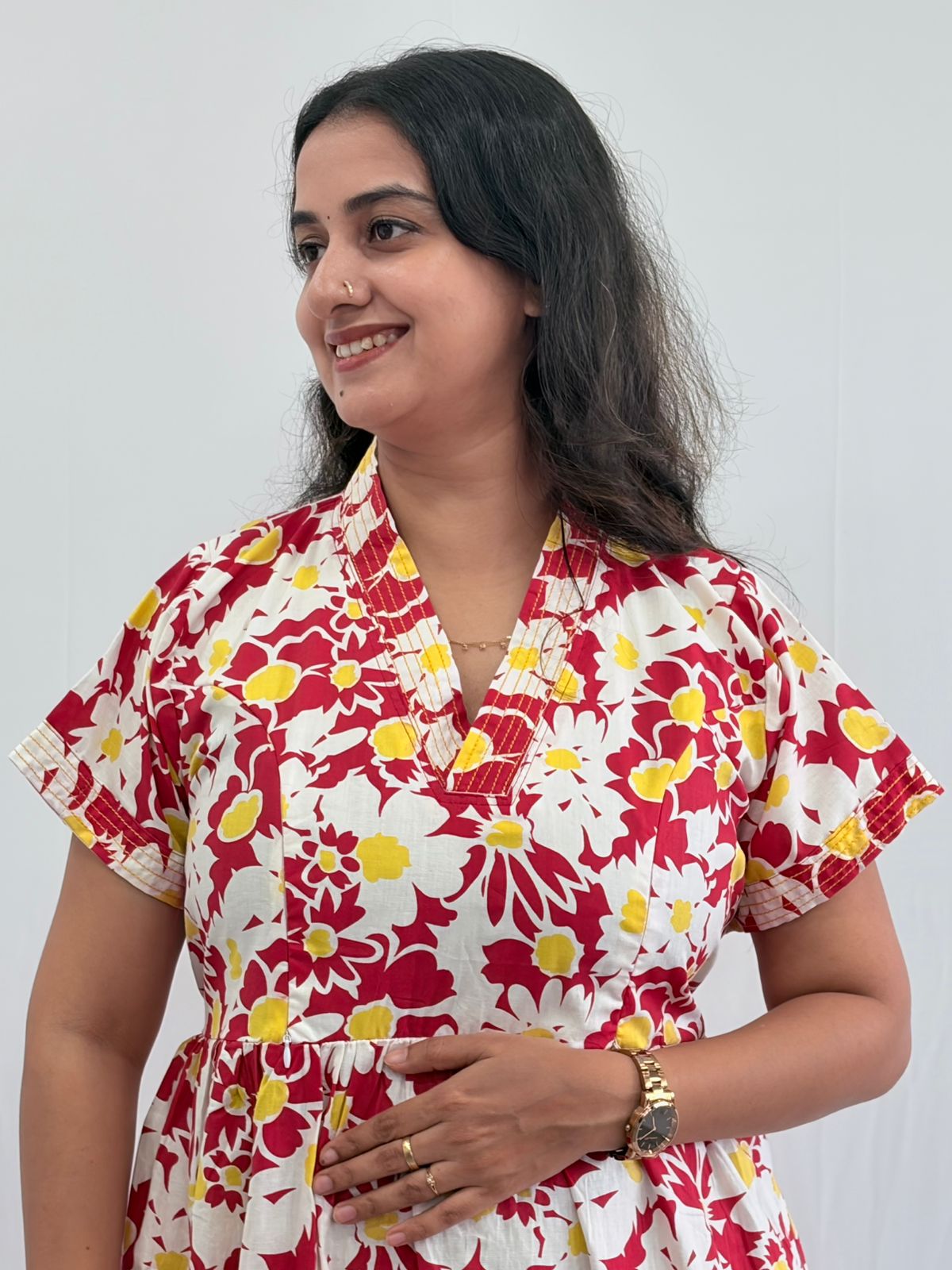 Red And White Floral Printed Premium Cotton V Collar Neck Short Maternity Gown | Free Size |