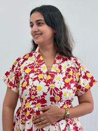 Red And White Floral Printed Premium Cotton V Collar Neck Short Maternity Gown | Free Size |